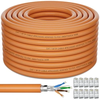 Afbeelding van Cat 7 Ethernet kabel, 60 m, afgeschermd, S/FTP, netwerkkabel, hoge snelheid, 10 Gbit/s, RJ45, Bulk, LAN buiten, internetkabel, lang, wifi, oranje, PiMF LSZH, ethernetkabel voor modem