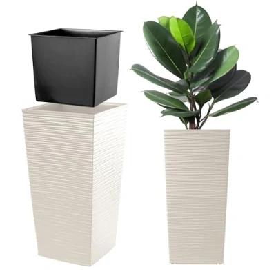 Afbeelding van KADAX Bloem/plantenpot, kunststof kuip, voor binnen en buiten, tuin, balkon, terras, huis, weerbestendig, imitatie rotan, 68 cm hoog, crème