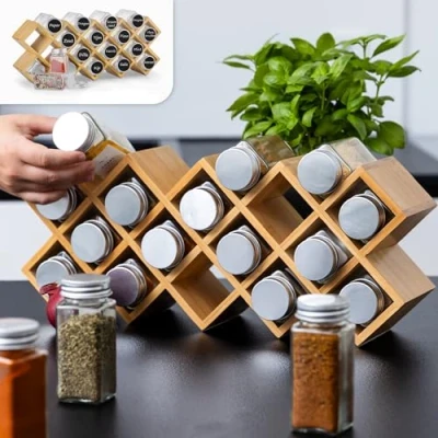 Afbeelding van Gadgy Kruidenrek met Potjes 18 Glazen Kruidenpotjes Strooideksel Kruidenrekje Staand Incl. 24 Labels en Marker Stift Bamboe Hout 43 x 18cm