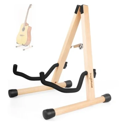 Afbeelding van Houten gitaarstandaard, vloerstandaard voor akoestische, elektrische en gitaar, verstelbare opvouwbare gitaarstandaard bas, cello, mandoline, banjo, ukelele (houtkleur
