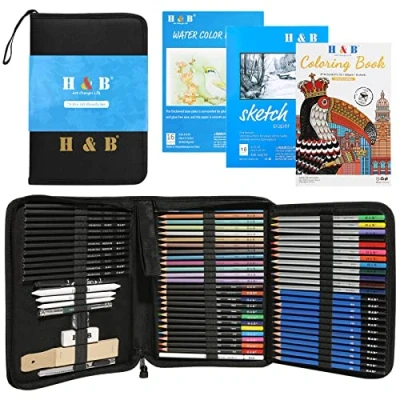 Afbeelding van H &amp; B 75 delige set kleurpotloden met aquarelpotlood, metalen potlood, schetsboek, kunstbenodigdheden voor volwassenen, kunstenaars, kinderen, beginners