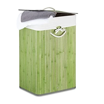 Afbeelding van Relaxdays wasmand bamboe wasbox opvouwbaar wasgoedmand met deksel badkamer waszak groen