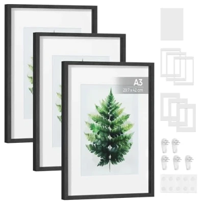 Afbeelding van SONGMICS Fotolijsten, set van 3, voor afbeeldingen A3, A4, 28 x 36 cm, met achtergronden, fotogalerij, wandhangend of op tafel, glas, MDF, 43,4 31,1 aszwart RPF064B01