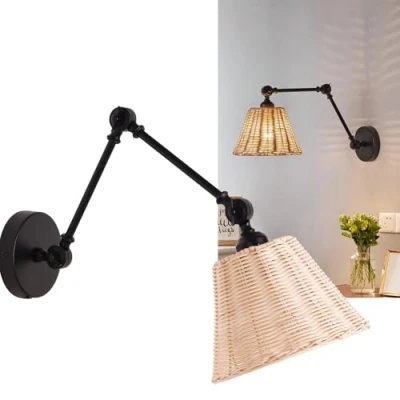 Afbeelding van Alpinaluz Wandlamp met zwenkarm, zwart metalen frame en conische lampenkap van natuurlijk rotan, handgeweven, industriële rustieke lamp E27 voor slaapkamer, woonkamer, hal