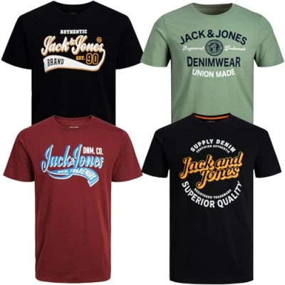 Afbeelding van JACK &amp; JONES Set van 4 T shirts voor heren, oversized, XXL, 3XL, 4XL, 5XL, 6XL, 7XL, 8XL, ronde hals, stuks 32 pk