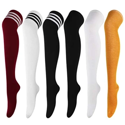 Afbeelding van DRESHOW 6 paar hoge sokken, kniekousen, lange dijbeensokken, top startkousen, beenwarmers voor meisjes en vrouwen, I: grijs, zwart, wit, geel, bordeaux
