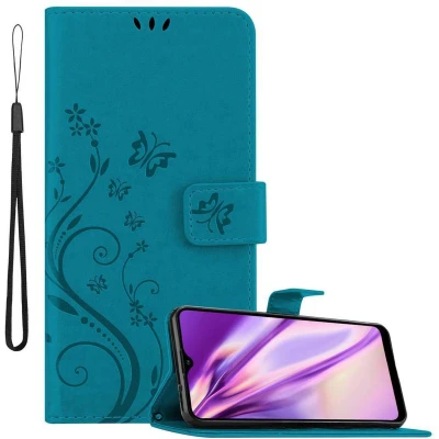 Afbeelding van Cadorabo Hoesje geschikt voor Samsung Galaxy A20s in BLOEMEN BLAUW Beschermhoes bloemmotief met magnetische sluiting, standfunctie en kaartsleuven Book Case Cover Etui