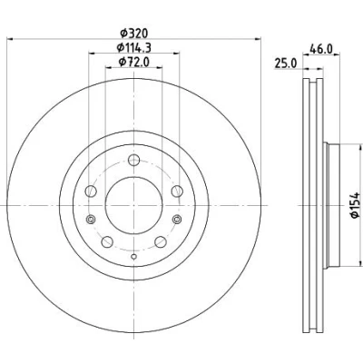 Afbeelding van HELLA 8DD 355 114 491 Remschijf 320 25 05/08 114,3 interne ventilatie Zonder wielbevestigingsbout, wielnaaf MAZDA: 6 Saloon, Hatchback