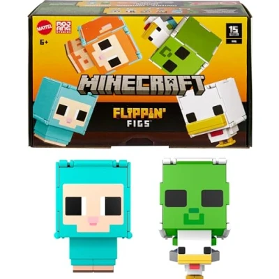 Afbeelding van Mattel Minecraft HXK17 Set van 2 schapen en kippenfiguren met in 1 rusteloos speelgoed, grote koppen pixeldesign,