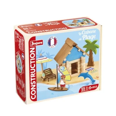 Afbeelding van De Strandhut 55 Stuks JEUJURA Natuurlijk houten constructiespel, inclusief mat en accessoires, 22x18,5x8,5 cm