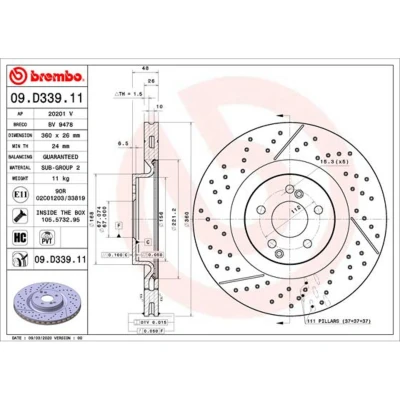 Afbeelding van BREMBO 09.D339.11 Remschijf 360 26 5 Met sleuven/geperforeerd, interne ventilatie Gecoat High carbon schroeven MERCEDES BENZ: AMG GT, GLC Off Road