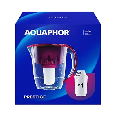 Afbeelding van AQUAPHOR Prestige Cherry Waterfilter met 1 A5 filter, karaf van 2,8 liter, past op de koelkastdeur, vermindert kalk en chloor, tafelwaterfilter, praktische filterkan