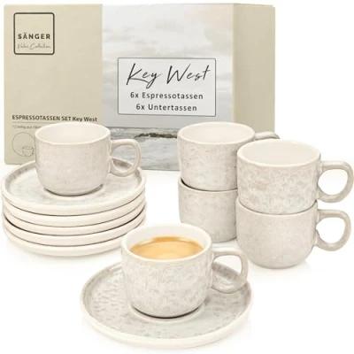 Afbeelding van SÄNGER Key West Value Collection Espressokopjes van aardewerk, set 12 voor 6 personen, vaatwasser en magnetronbestendig, crème met zandige nerf, 80 ml