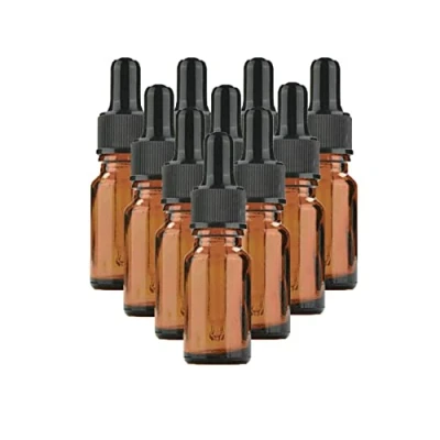 Afbeelding van 10 amberkleurige glazen druppelflessen met zwarte doppen, 15 ml, navulbare voor etherische oliën