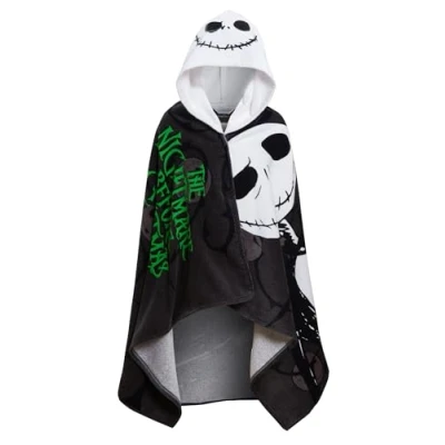Afbeelding van The Nightmare Before Christmas Jack Skellington Hooded Handdoek Poncho 100% Katoen Strandlaken Dress Up Badhanddoek Wrap, zwart.