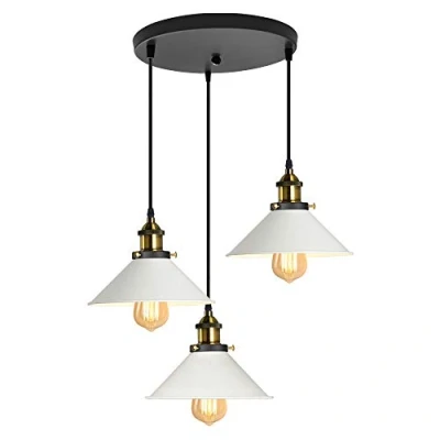 Afbeelding van iDEGU 3 hanglampen, industriële kroonluchter, plafondlamp, design Edison E27, metaal, hanglamp met ronde plaathouder, Ø 22 cm, wit