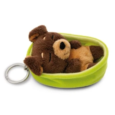 Afbeelding van Sleutelhanger slapende dieren hond donkerbruin 8 cm mand groen