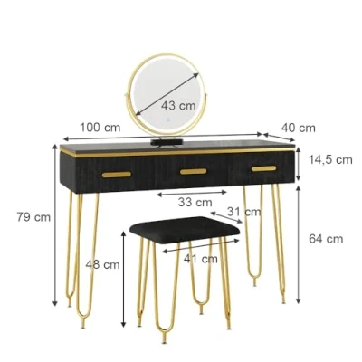 Afbeelding van Vicco Make uptafel set met kruk Layla, Zwart, 100 cm LED spiegel en krukje
