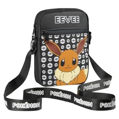 Afbeelding van Pokemon Schoudertas voor kinderen, kleine crossbody bag, meerdere zakken, jongeren, cadeau idee, Pikachu Eevee, Zwart Eevee