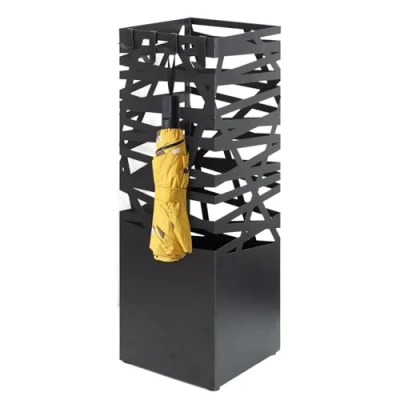 Afbeelding van Todeco Vierkante metalen parapluhouder, parapluhouder met 4 haken en afneembare lekbak, opengewerkt patroon, voor entree, huis, kantoor, zwart