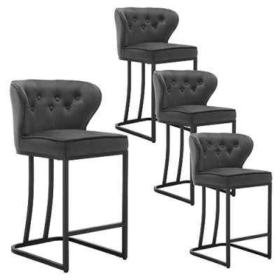 Afbeelding van WOLTU Set van 4 barkrukken met rugleuning, eetkamerstoel voetensteun, ergonomische stoel voor keuken, slaapkamer, woonkamer, fluwelen en metalen poten, donkergrijs, BH383dgr