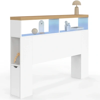 Image de Tête de lit sur pied LUNA à LEDS 145 cm avec rangements fermés et niches blanc plateau effet bois IDMarket