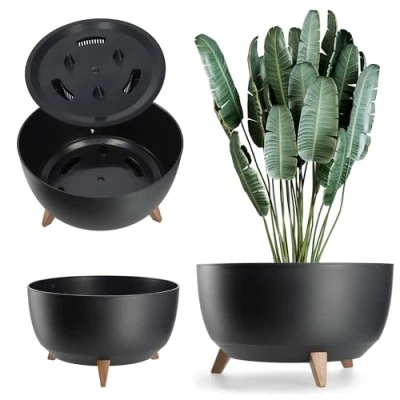 Afbeelding van KADAX Ronde bloempot van kunststof met drie steekhouders, voor balkon, woonkamer, diameter 47 cm, zwart
