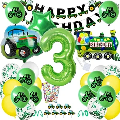 Afbeelding van BECILES Verjaardagsdecoratie met tractor thema, groene folieballon getal “3, tractor, tractorballonnen, Happy Birthday slinger tractors, voor kinderverjaardag, verjaardagsdecoratie, “3