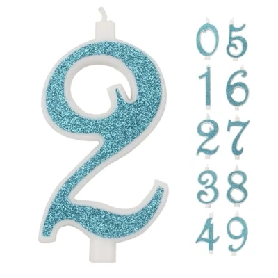 Afbeelding van IDEGOS Grote kaars, 10 cm, verjaardagskaars nummer 2, 3D blauwe glitter, decoratie voor verjaardagstaart, kaarsen bruidstaart (blauw, 2)