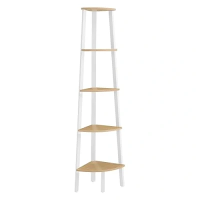 Afbeelding van VASAGLE Hoekplank, boekenkast met 5 niveaus, ladderrek, opbergkast, plantenhouder voor woonkamer, industriële stijl, stalen frame, kleur eiken natuur en mat wit LLS035Y01