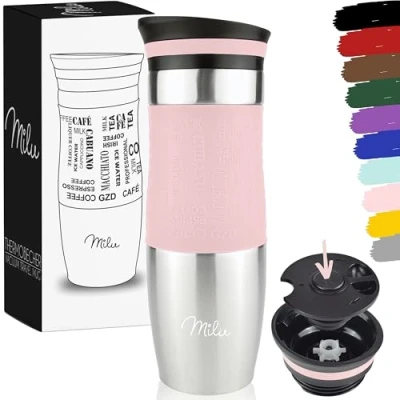 Afbeelding van Milu thermobeker 370 ml, 450ml 100% lekvrij isoleerbeker, koffiebeker to go, drinkbeker van roestvrij staal autobeker dubbelwandige isolatie reismokken Travel mug (450ml, Roze)