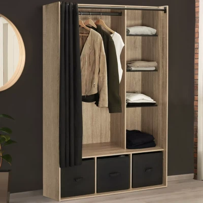 Image de Dressing penderie 105 x 50 172 cm DIANE avec étagères + boites de rangement rideau bois et noir