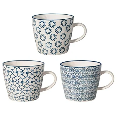 Afbeelding van Bloomingville Kristina Mokken met handvat Theekopjes Koffiemok voor kantoor en thuis, gezond cadeau ø 9,5 x H 8 cm, blauw, keramiek, 3 stuks, inhoud 280 ml