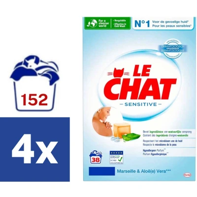 Afbeelding van Le Chat Sensitive Waspoeder Marseille &amp; Aloe Vera Voordeelverpakking 152 Wasbeurten (4 x 38)