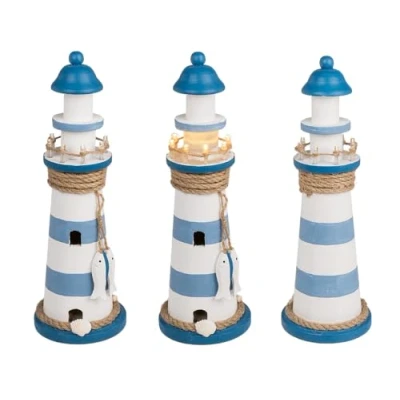 Afbeelding van Vuurtoren beeldje met LED licht Hout 10 x 30 cm wit/blauw Maritieme decoraties binnen