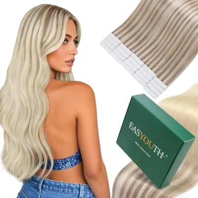 Afbeelding van Easyouth haarverlenging, zelfklevend, echt haar, blond, grijs tot platinablond, Remy glad, 35 cm, 40 g, 20 stuks