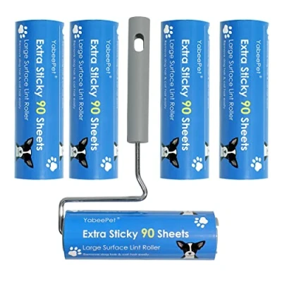 Afbeelding van YabeePet Extreme Sticky pluisroller met groot oppervlak, lange steel, ontworpen voor het verwijderen van haren huisdieren, honden, katten, 90 vellen per rol, 16 cm breed (1 rol + 4