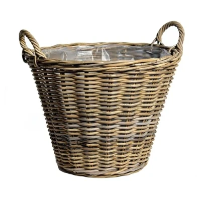 Afbeelding van Spetebo Plantenmand van natuurlijk rotan met handgrepen, 34 cm, gevlochten rieten bloemenmand folie, tuindecoratie, tuinmand, tuinmand