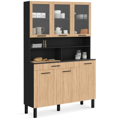 Afbeelding van CINA 120 CM glazen keukenkast met 6 deuren + lade, afwerking zwart en beuken