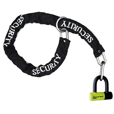 Afbeelding van URBAN UR59120 Mini U diefstalslot met knoopketting, 120 cm, dubbele veilige functie voor motorhangslot, hoge veiligheid slot en sluiting, universeel motorfiets, scooter, fiets