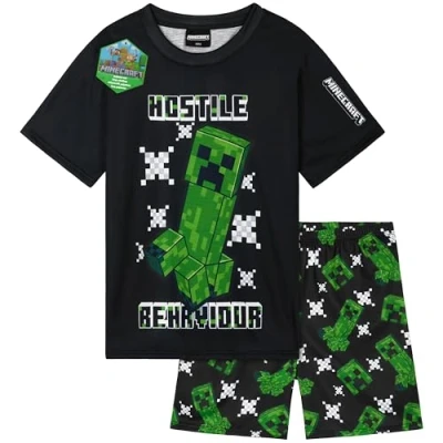 Afbeelding van Get Trend Minecraft Pyjama voor kinderen, jongens, korte mouwen, piama&#039;s, tieners, zacht, comfortabel, vrijetijdskleding, cadeau Zwart Minecraft, 9 10 jaar