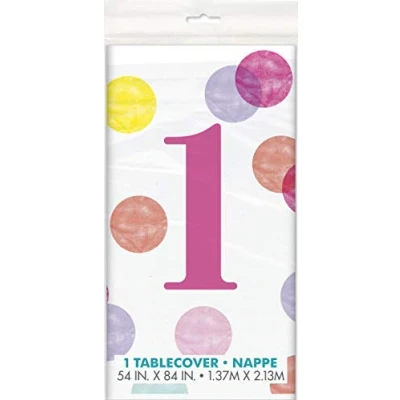 Afbeelding van Tafelkleed First Birthday Pink Dots 137x213cm