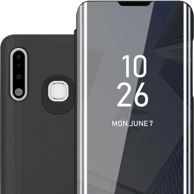 Afbeelding van Cadorabo Hoesje geschikt voor Samsung Galaxy A70e in TOERMALIJN ZWART Clear View Spiegel Beschermende Case met Tribunefunctie 360 Graden Bescherming Book Cover Etui