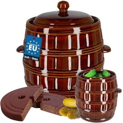 Afbeelding van KOTARBAU® Aardewerk gistingspot 12 liter met deksel en verzwaringssteen, luchtdicht, voor zuurkool, komkommer, terracotta, aardewerk, bruin