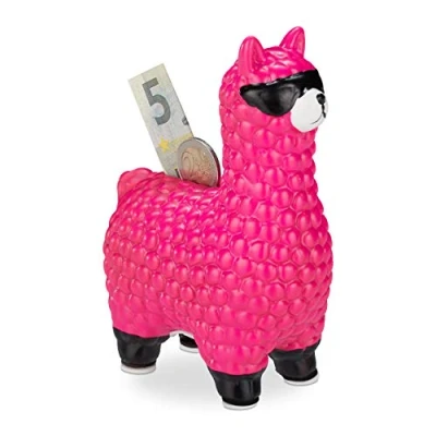Afbeelding van Relaxdays lama spaarpot met zonnebril spaarvarken spaarpotje alpaca keramiek roze