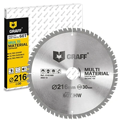 Afbeelding van GRAFF cirkelzaagblad 216 x 30 mm voor hout, metaal, aluminium, laminaat, kunststof, meerdere materialen 216, geschikt kettingzaag, wisselzaag, tafelcirkelzaag, draadloze