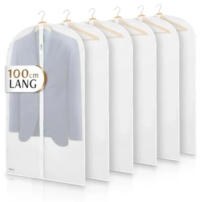 Afbeelding van Bruce.® Transparante kledinghoes (100 x 60 cm), 6 stuks, hoogwaardige herenkostuumhoes voor kleding, ademende reizen en opbergen