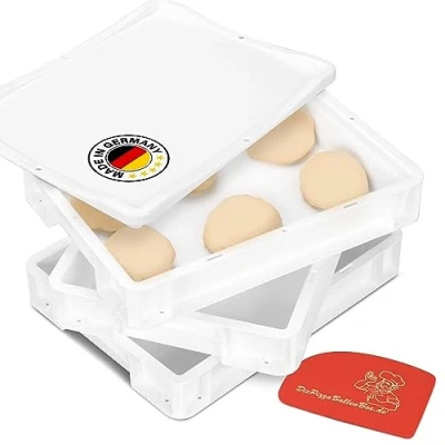 Afbeelding van RoyalFay Pizzaballenbak, gemaakt in Duitsland, geschikt voor levensmiddelen, 30 x 40 8 cm (3 dozen en 1 deksel), witte doos pizzadeeg