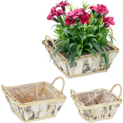 Afbeelding van Relaxdays bloempot set van 3 sierbak berkenhout rechthoekig plantenbak naturel