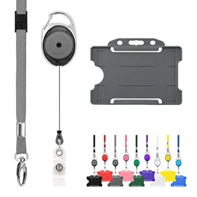 Afbeelding van CKB ltd oprolbare kaarthouder inclusief kaarthouder, keycord en afrolmechanisme pashouder badgehouder pasjes sleutelhanger met koord lanyard keykoord sleutelkoord trekkoord badge uittrekbare skipashouder badges naambadge houder keycords key Grijs